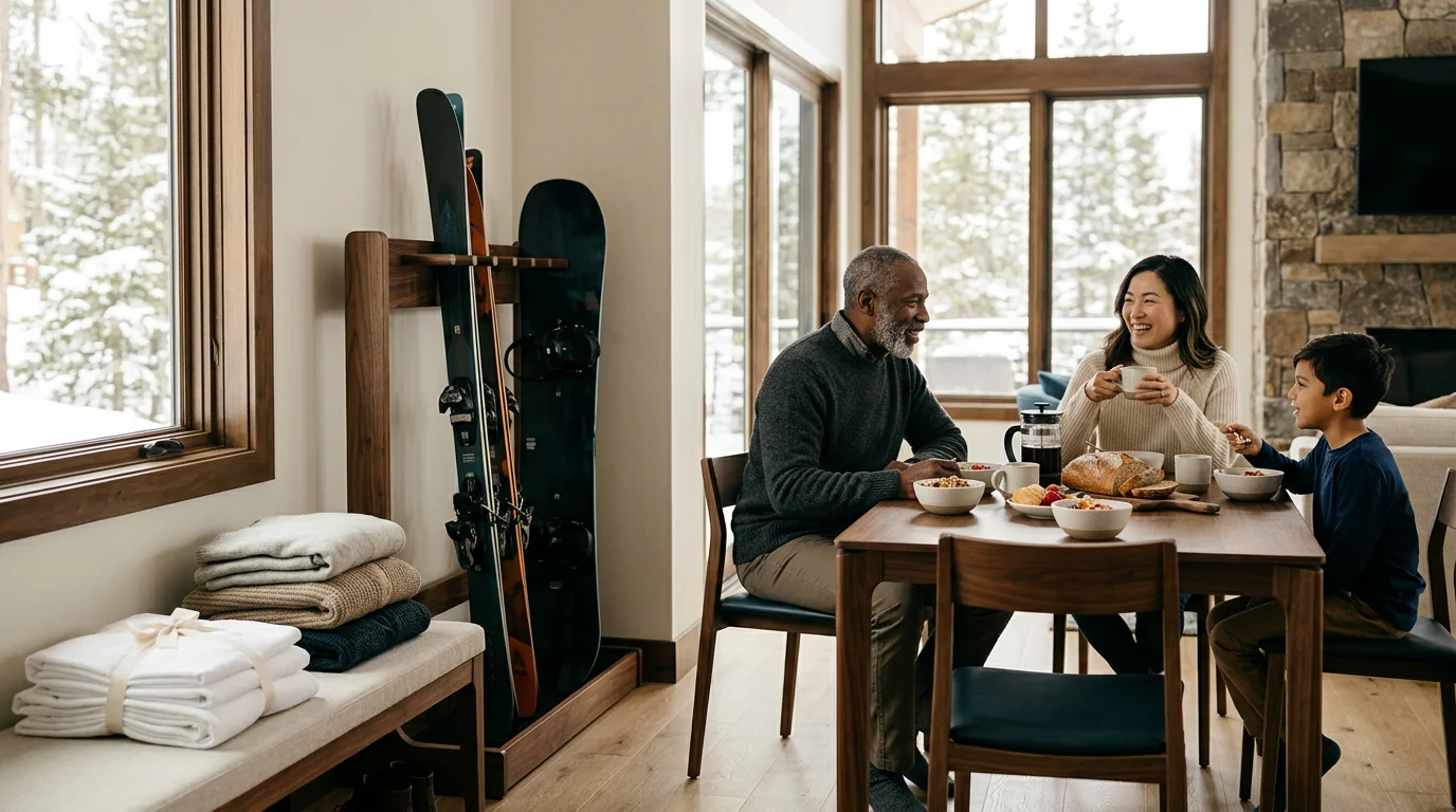 A diverse family enjoys breakfast in a warm Breckenridge mountain home with fresh folded linens and organized ski and snowboard gear nearby.