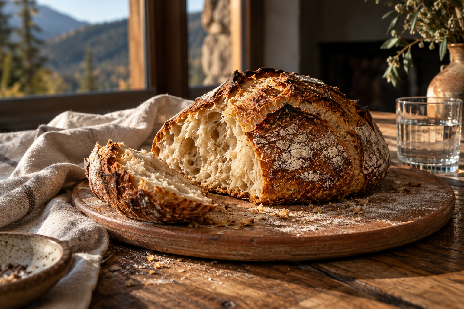 Fresh sourdough loaf with an open crumb on warm ceramic and linen