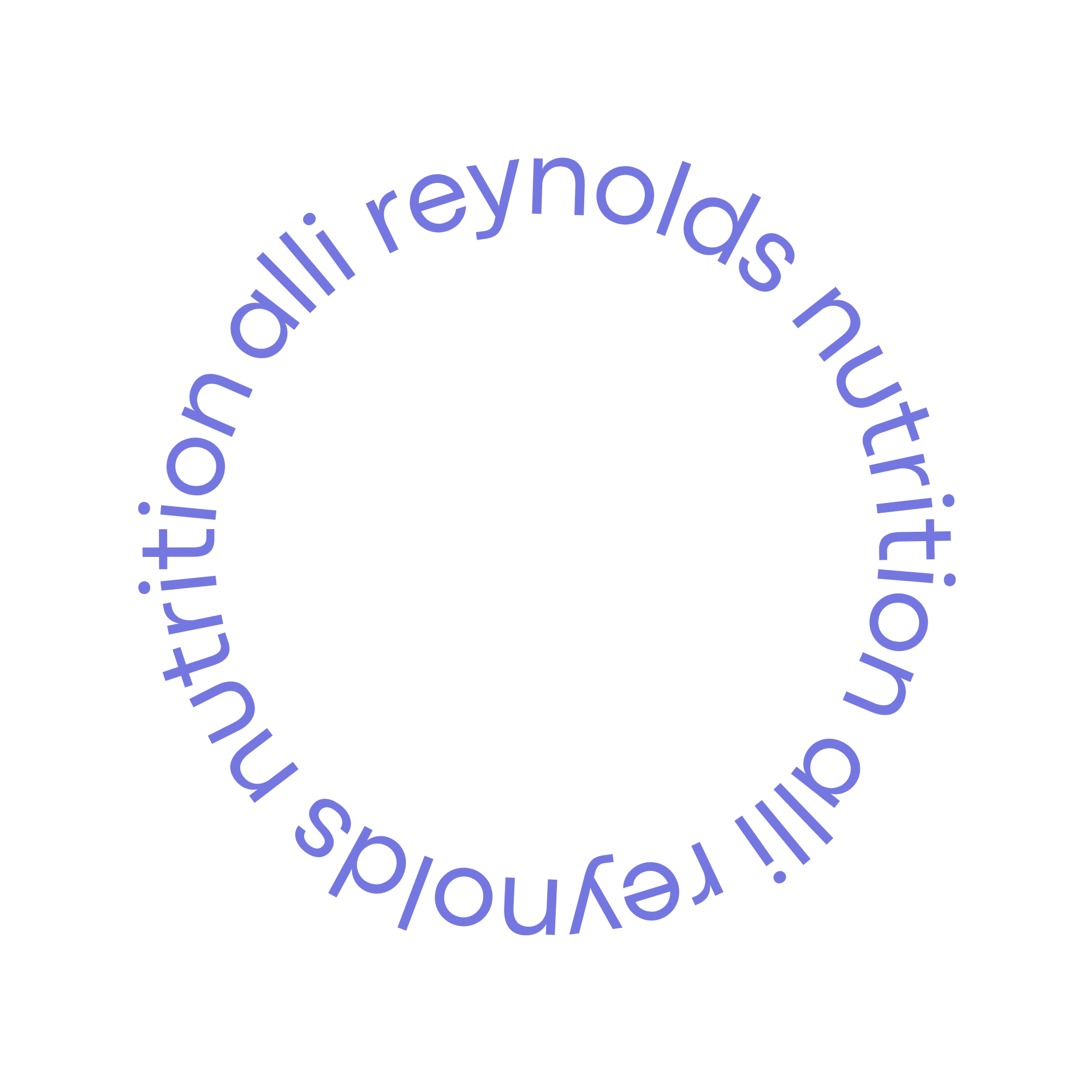 A black circular background with text written in light purple curved around the inside, saying "alli reynolds nutrition"
