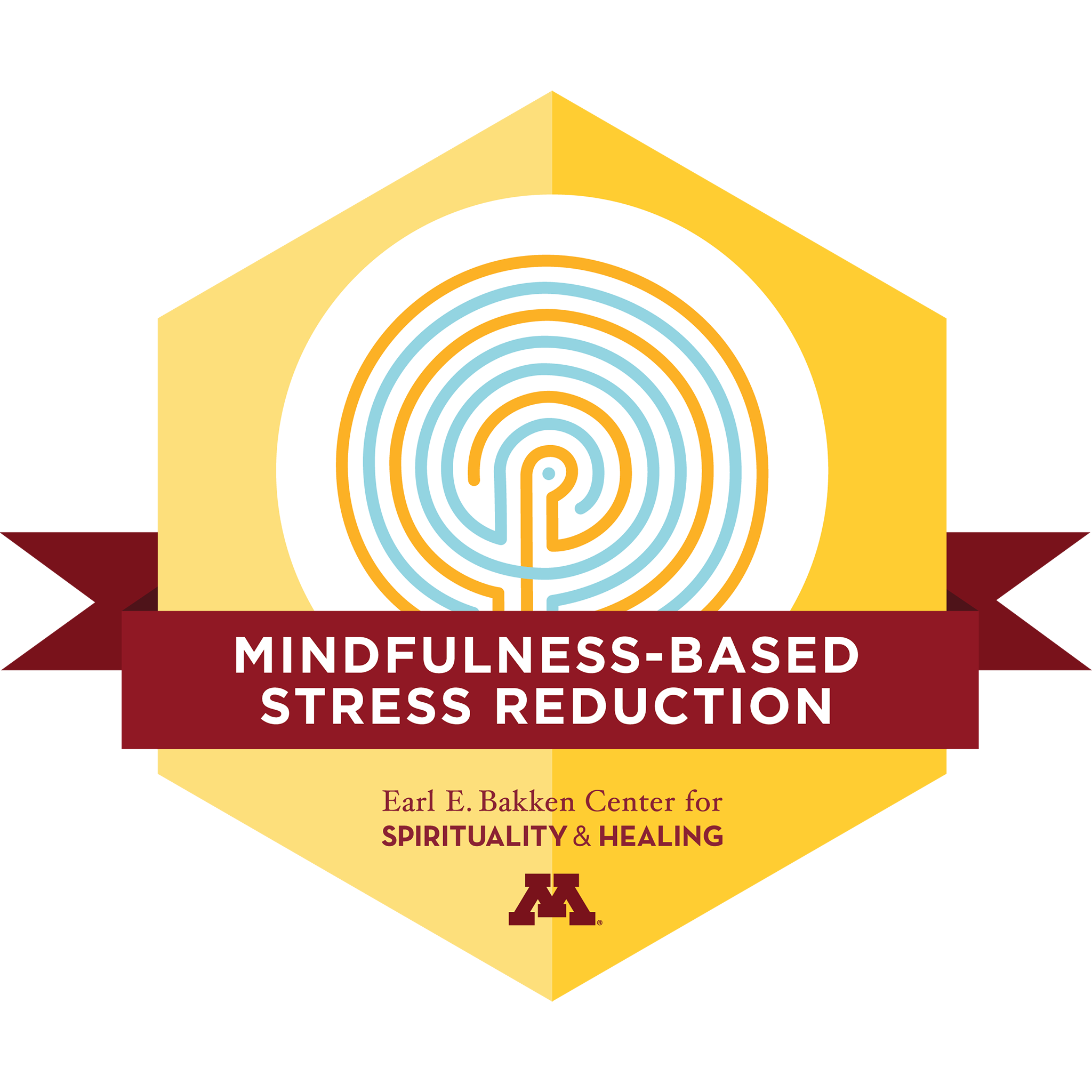 Continuing education seal for an 8 week 'Mindfulness-Based Stress Reduction' class. Seal has a circular fingerprint pattern and a yellow background.