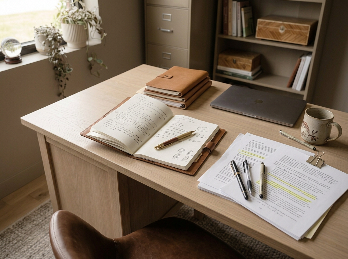 A neatly organized wooden desk with an open notebook, multiple closed folders, and loose papers with highlighted text, pens, a mug, and a closed laptop. A window with potted plants is in the background.