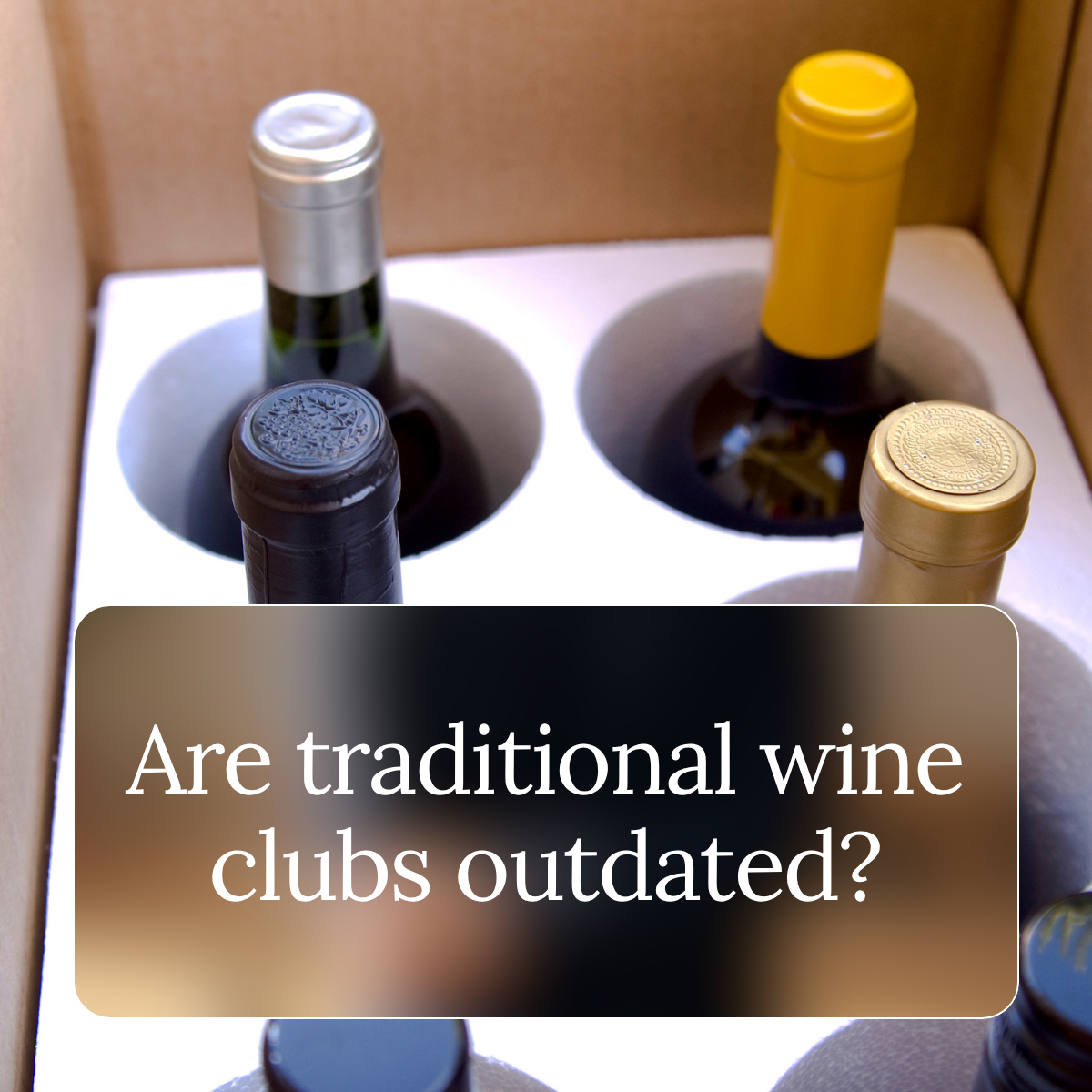 Close-up of wine bottles in a cardboard wine carrier with a text overlay asking if traditional wine clubs are outdated.