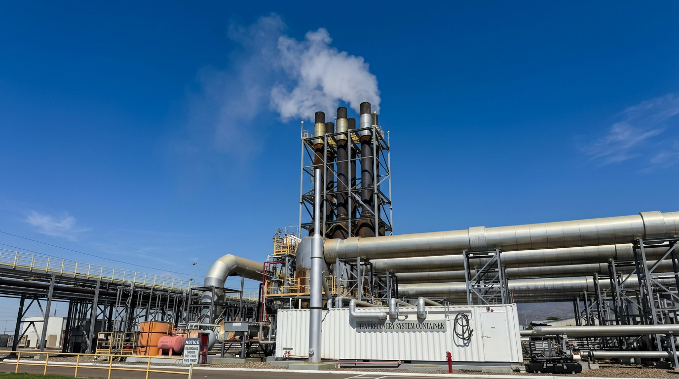An industrial refinery facility with large pipes, smokestacks emitting steam, and structural metal framework under a blue sky.