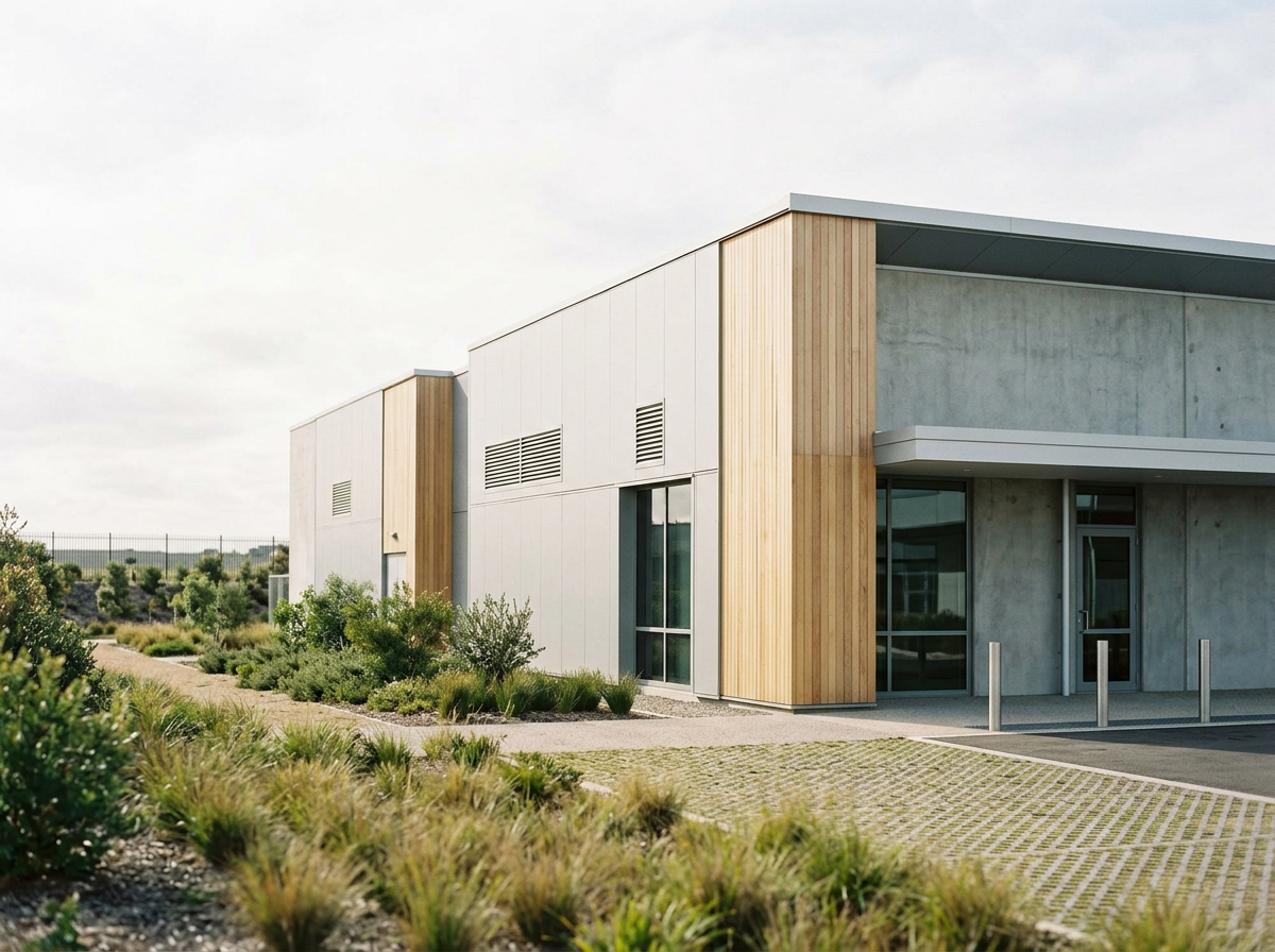 Modern building with a concrete and wood exterior, large glass doors, and landscaping with bushes and grass.
