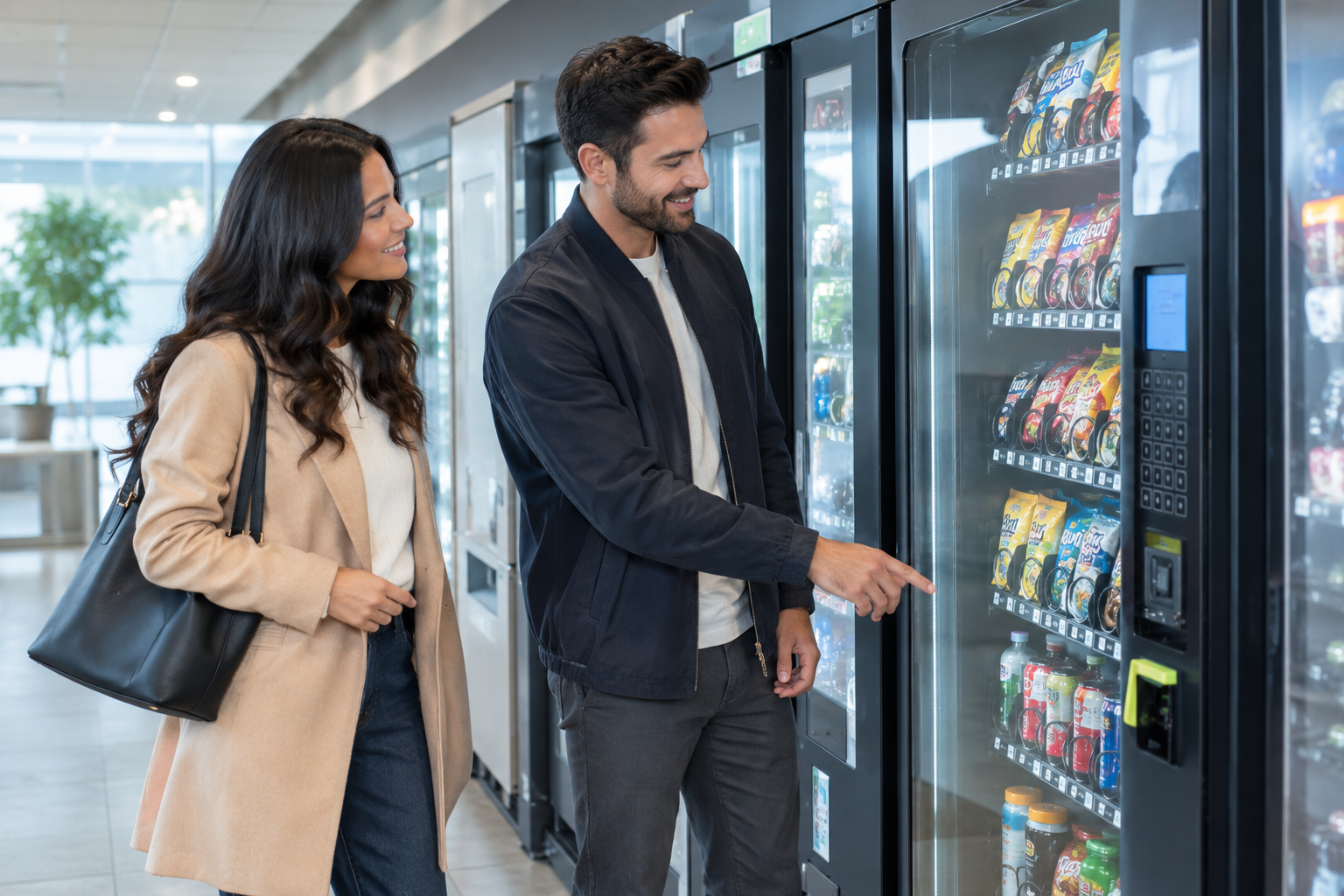 A man and woman buy snacks from a vending machine in a modern public space, with the man pressing a button to select a snack.