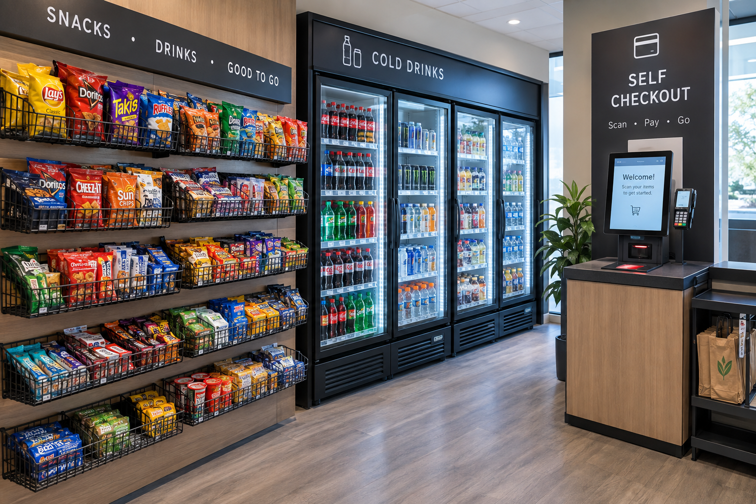 Self-checkout station with a screen and card reader next to a refrigerated snack and drink display in a convenience store. Snacks are on the left, drinks in the middle and right, with signs indicating snack, drinks, and self-checkout options.