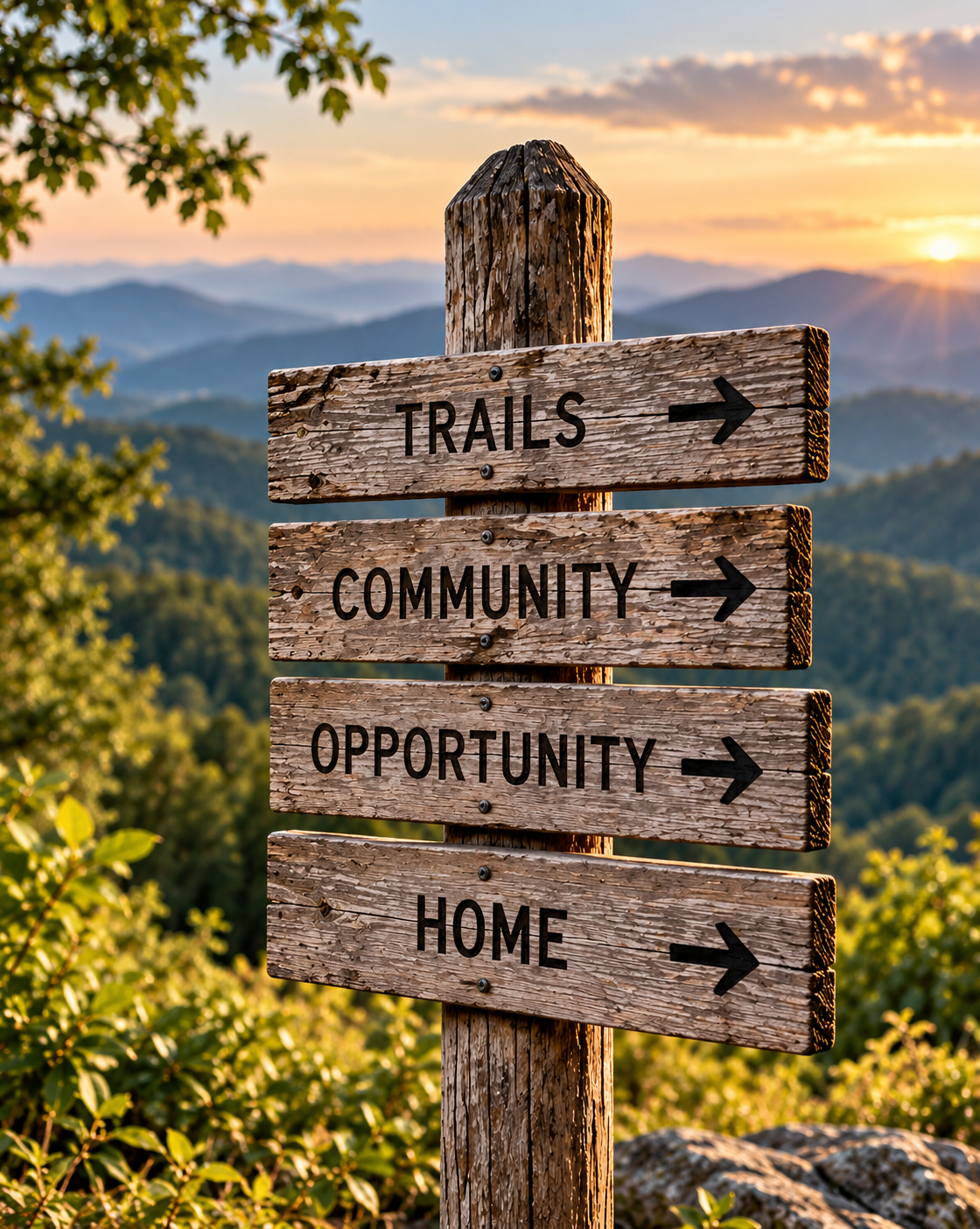 Trail signpost pointing toward trails, community, opportunity, and home in the North Carolina High Country.