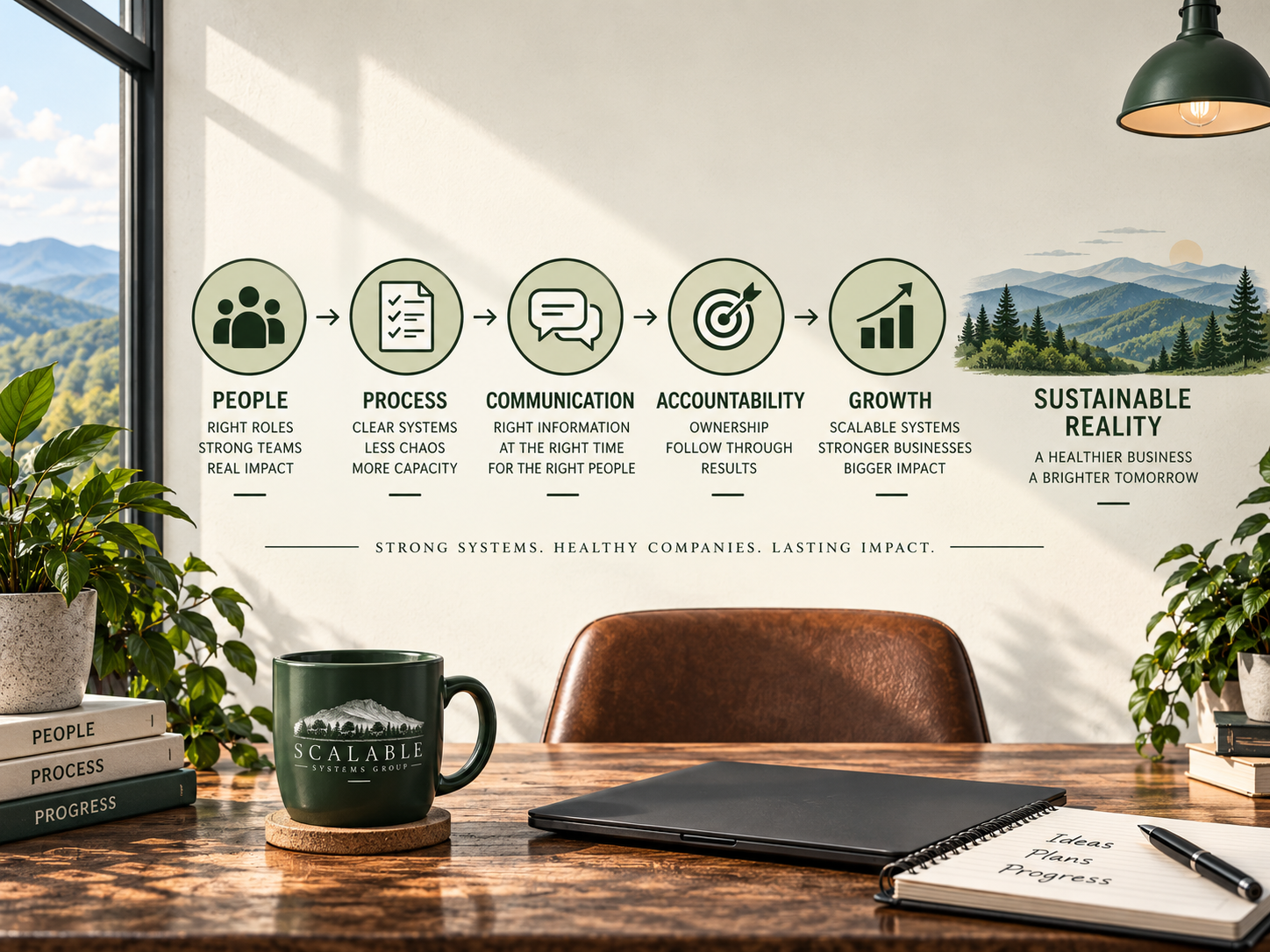 Scalable Systems Group's five-step framework for building a sustainable business — People, Process, Communication, Accountability, Growth.