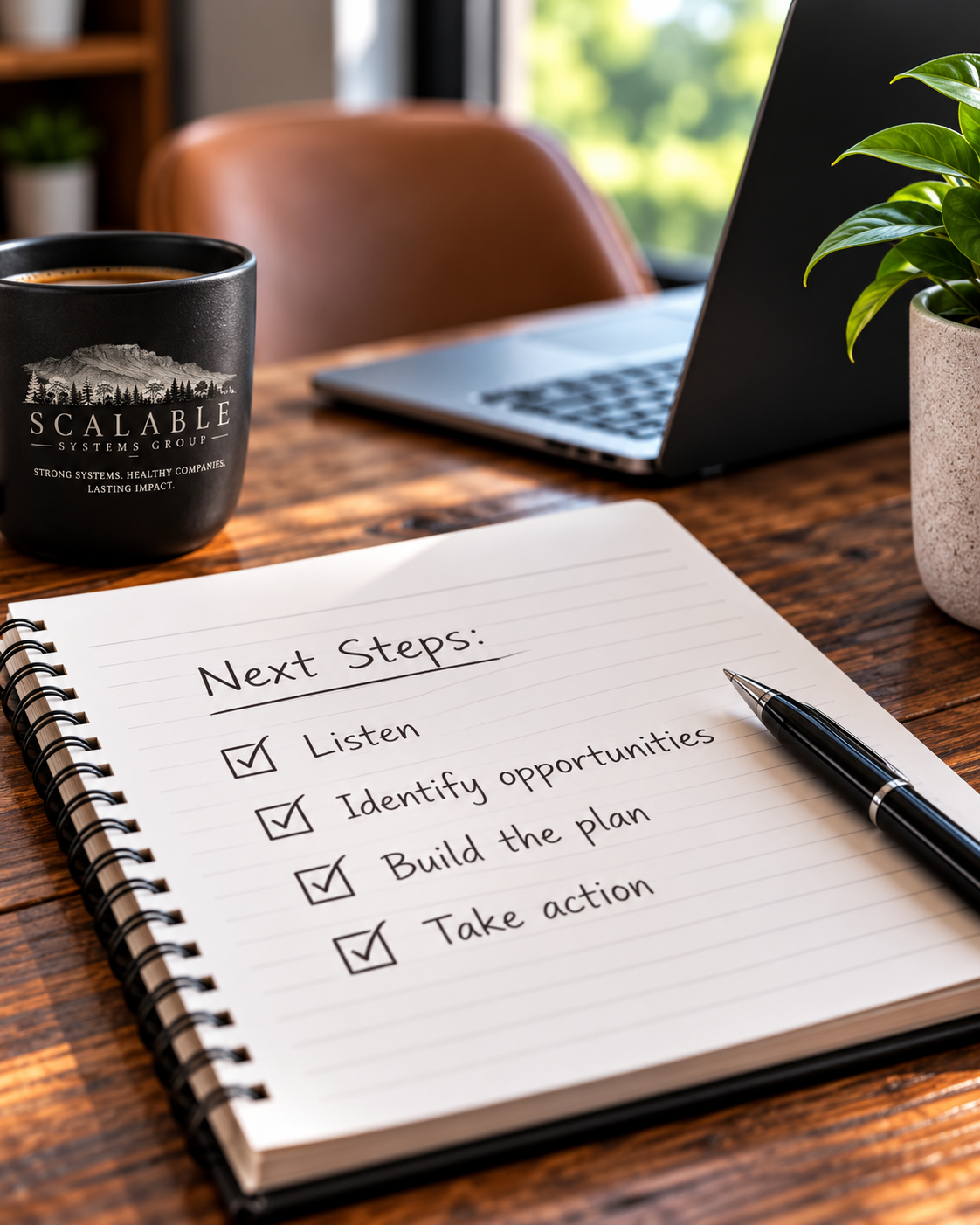 Next steps for working with Scalable Systems Group — listen, identify opportunities, build the plan, sustainability.