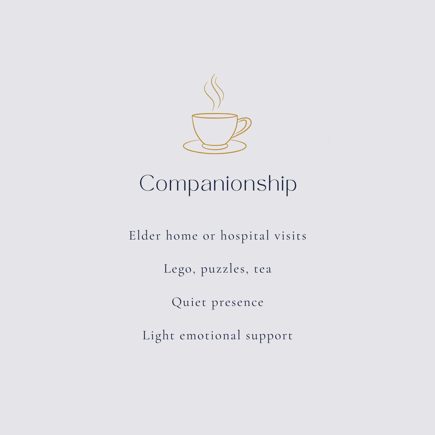 Companionship services infographic: elder home or hospital visits, lego puzzles and tea, quiet presence, light emotional support — Sheri's Place, Sherwood Park