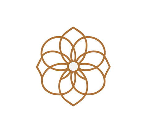 A decorative gold geometric flower design on a black background.