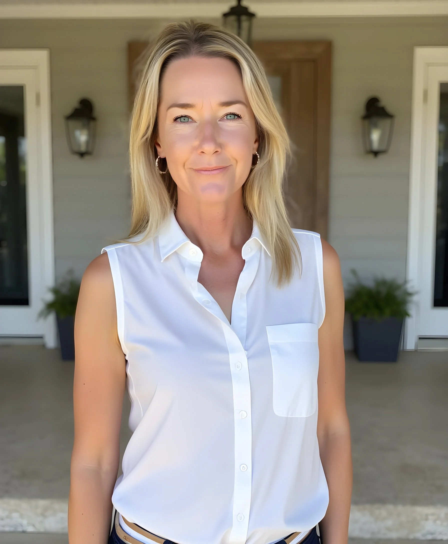 A woman with blonde hair and blue eyes standing in front of a house with a porch, wearing a sleeveless white button-up shirt with a collar.