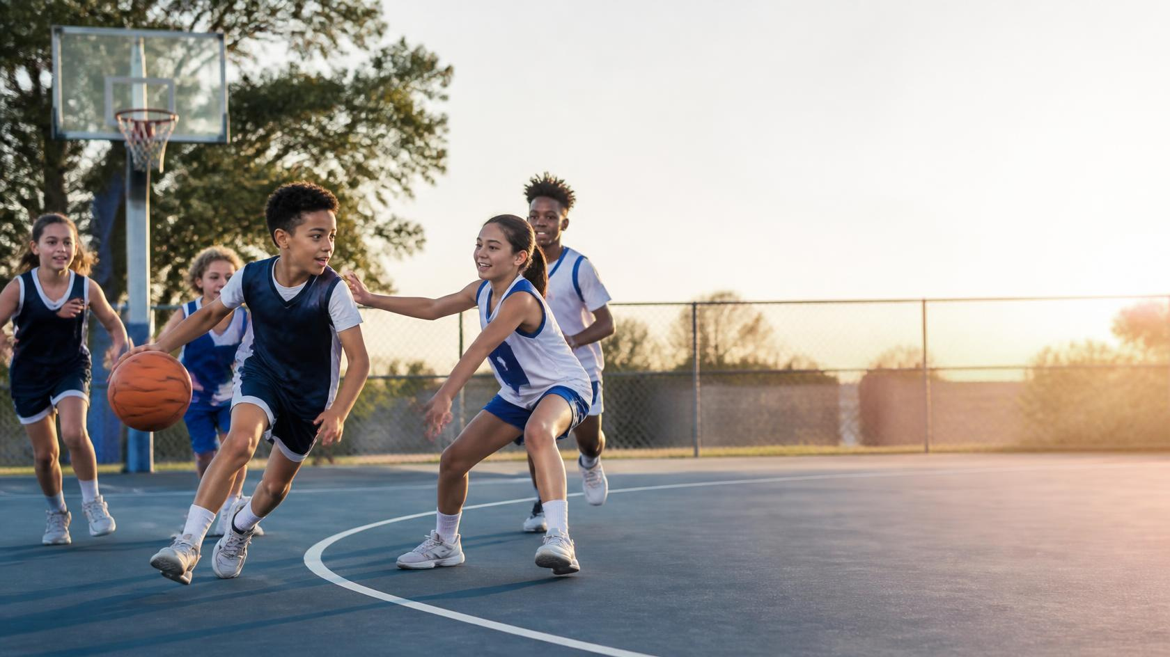 Children playing basketball on an outdoor court at sunset
