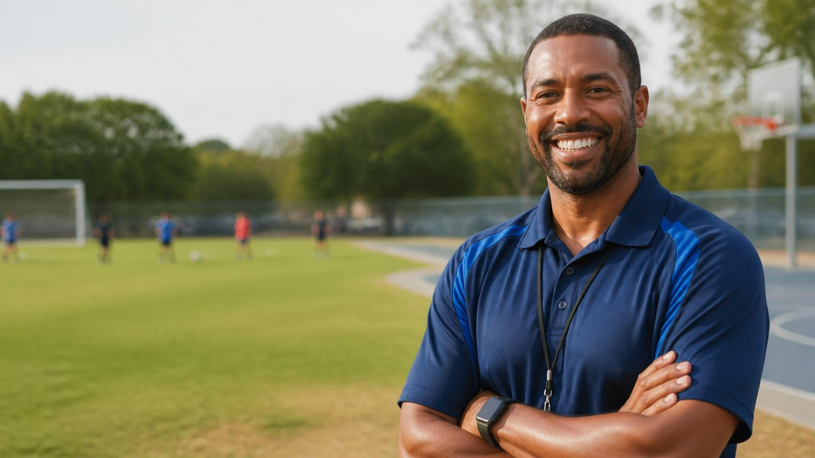 Smiling man in a blue polo shirt standing with arms crossed on a basketball court with a playlist and children playing soccer in the background on a green field