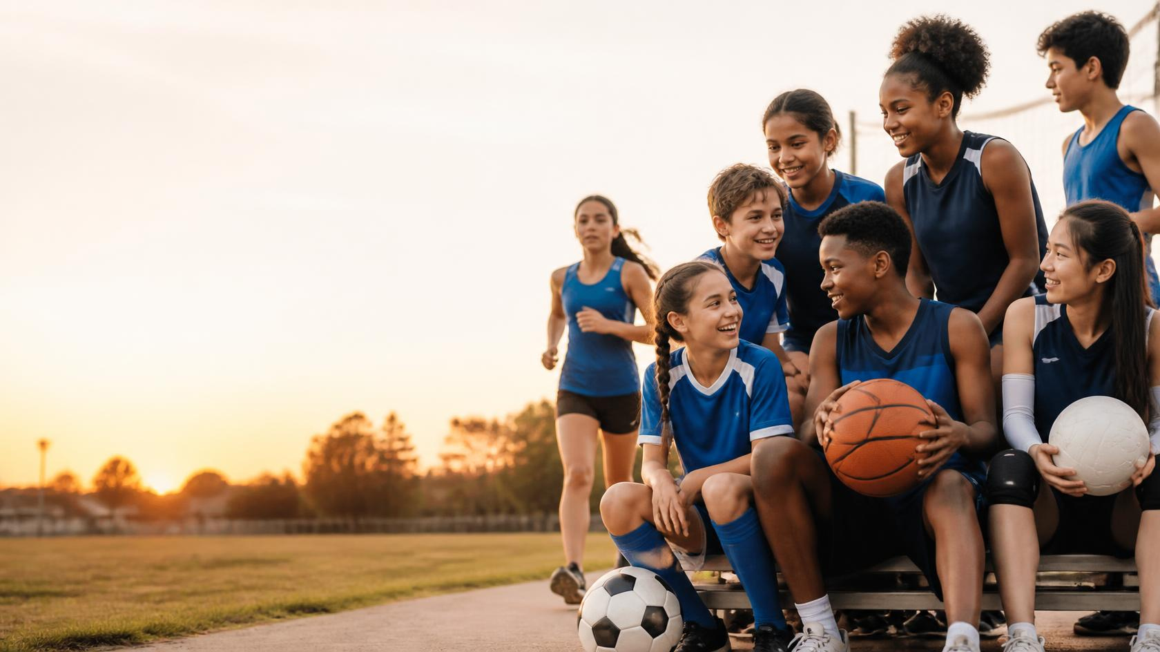 A group of young female and male basketball players in blue uniforms sitting and standing on a bench with sports balls on a field during sunset, smiling and talking.