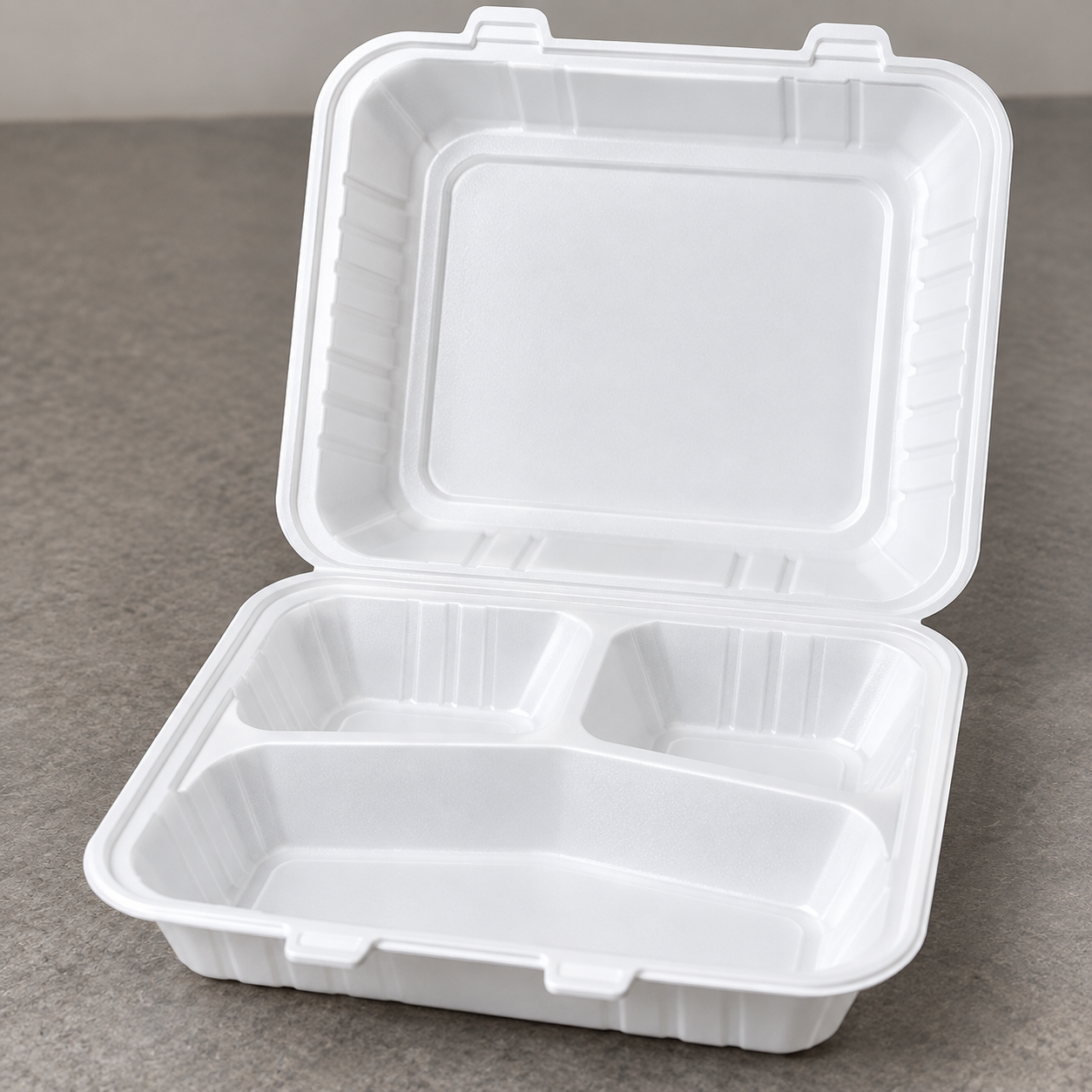 9" x 9" Three Compartment White Hinged Container