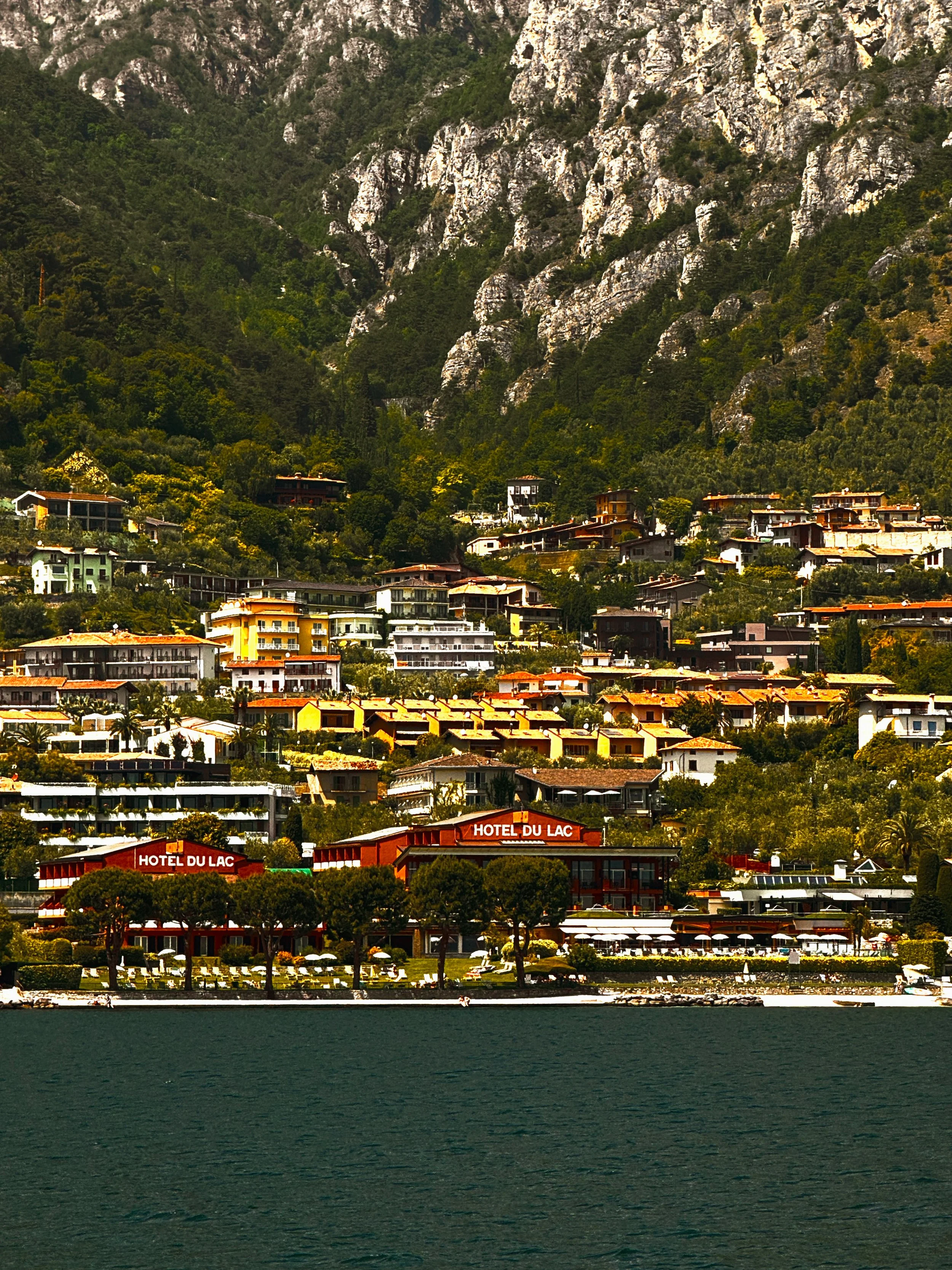 Scenic view of a lakeside town with buildings labeled 'Hotel du Lac,' surrounded by lush green hills and rocky cliffs.