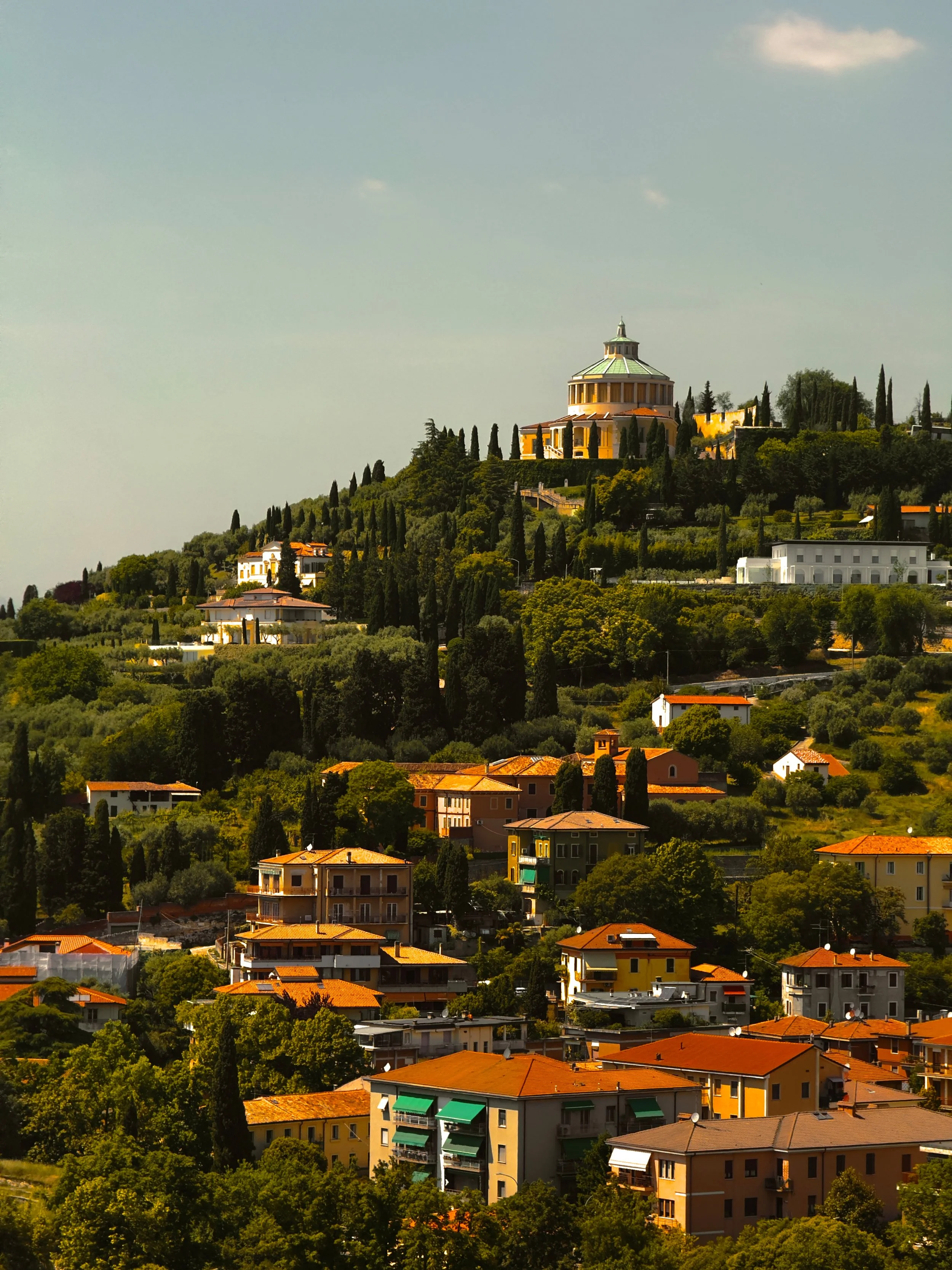 A hillside town with houses and a large round building at the top, surrounded by trees and greenery.