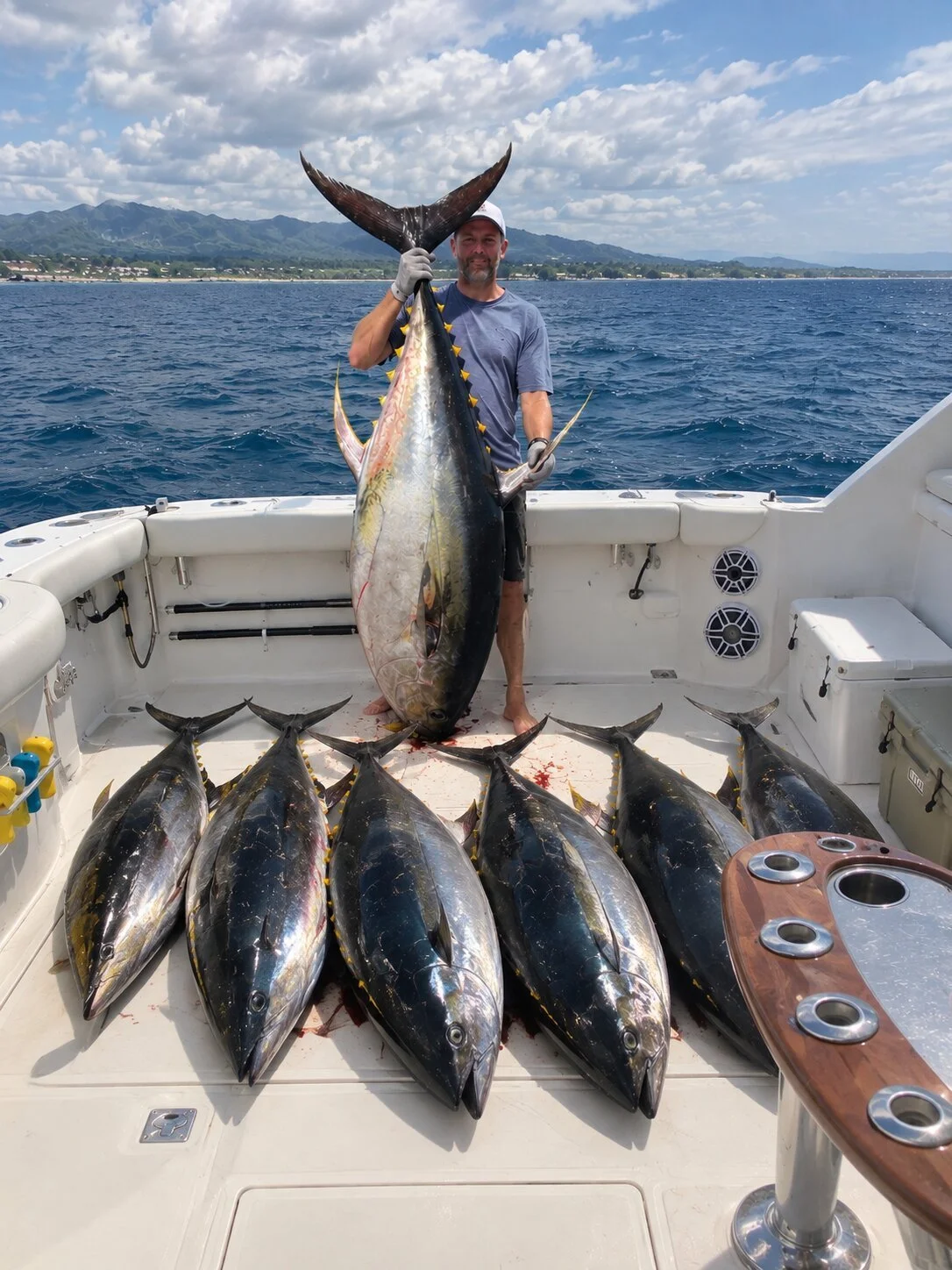 Angler with a yellowfin tuna over a full deck