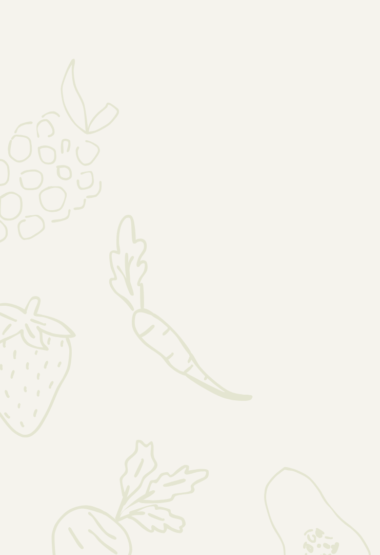Light-colored outline hand drawings of fruits and vegetables on a neutral background.
