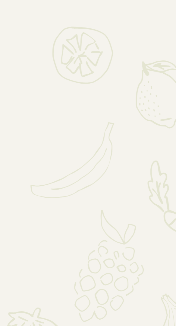 Light-colored outline hand drawings of fruits and vegetables on a neutral background.
