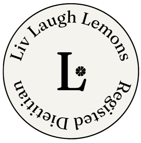 A circular logo with the letter 'L' in the center and a small hand drawing of a sliced lemon beside it. The outer ring of the logo contains the words 'Liv Laugh Lemons' at the top and 'Registered Dietitian' at the bottom.
