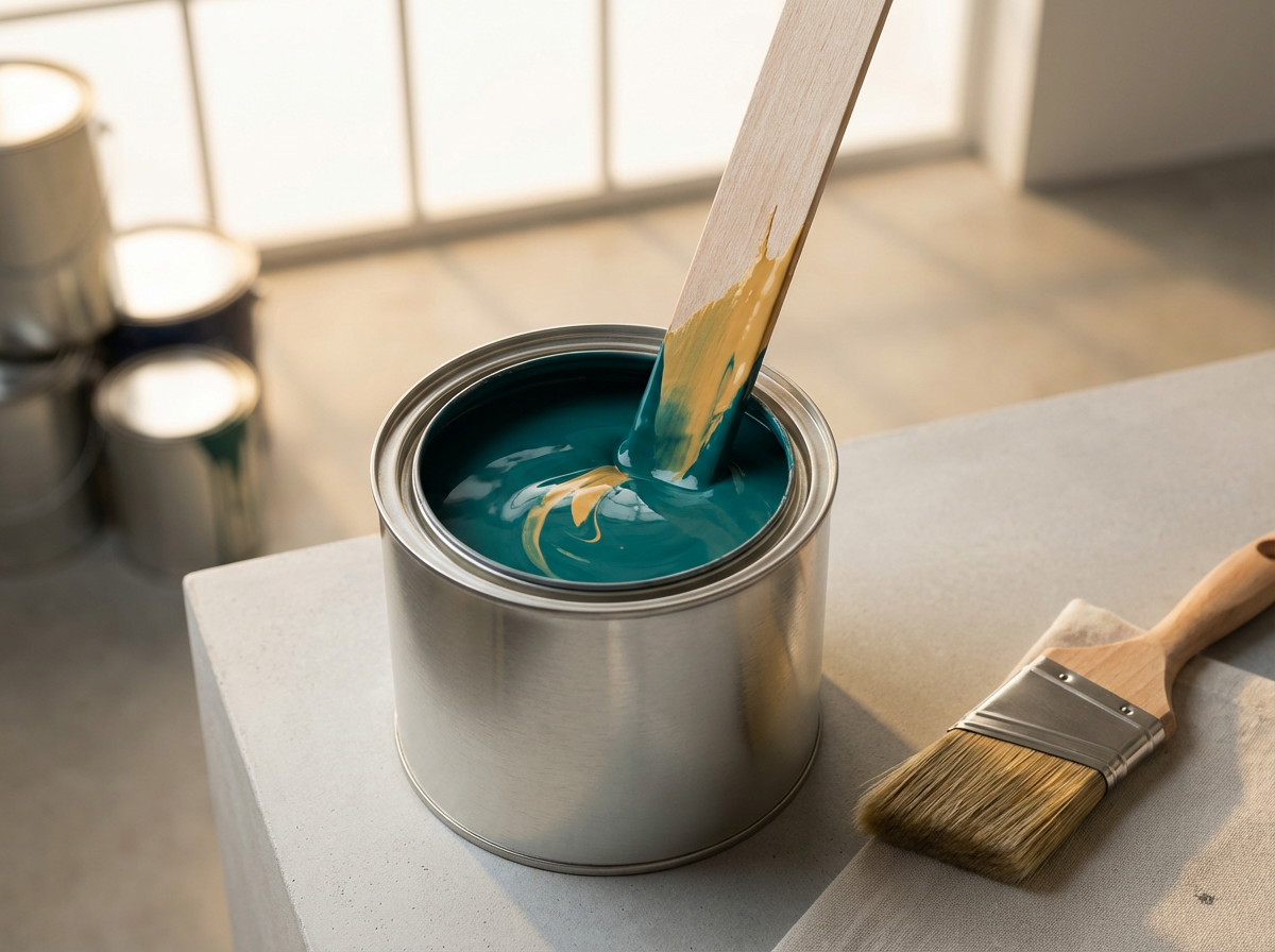 A paint can filled with teal-colored paint and a wooden stir stick partially submerged in it, with a paintbrush resting on a piece of cloth nearby.