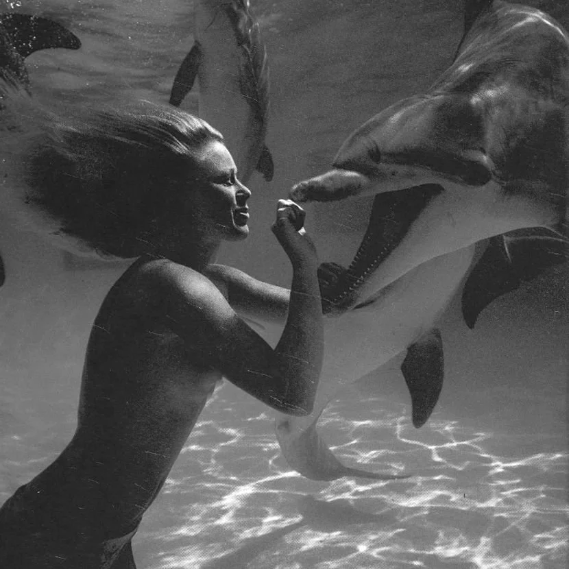 A classic model woman underwater with long hair, facing a dolphin or large fish with an open mouth, in black and white.