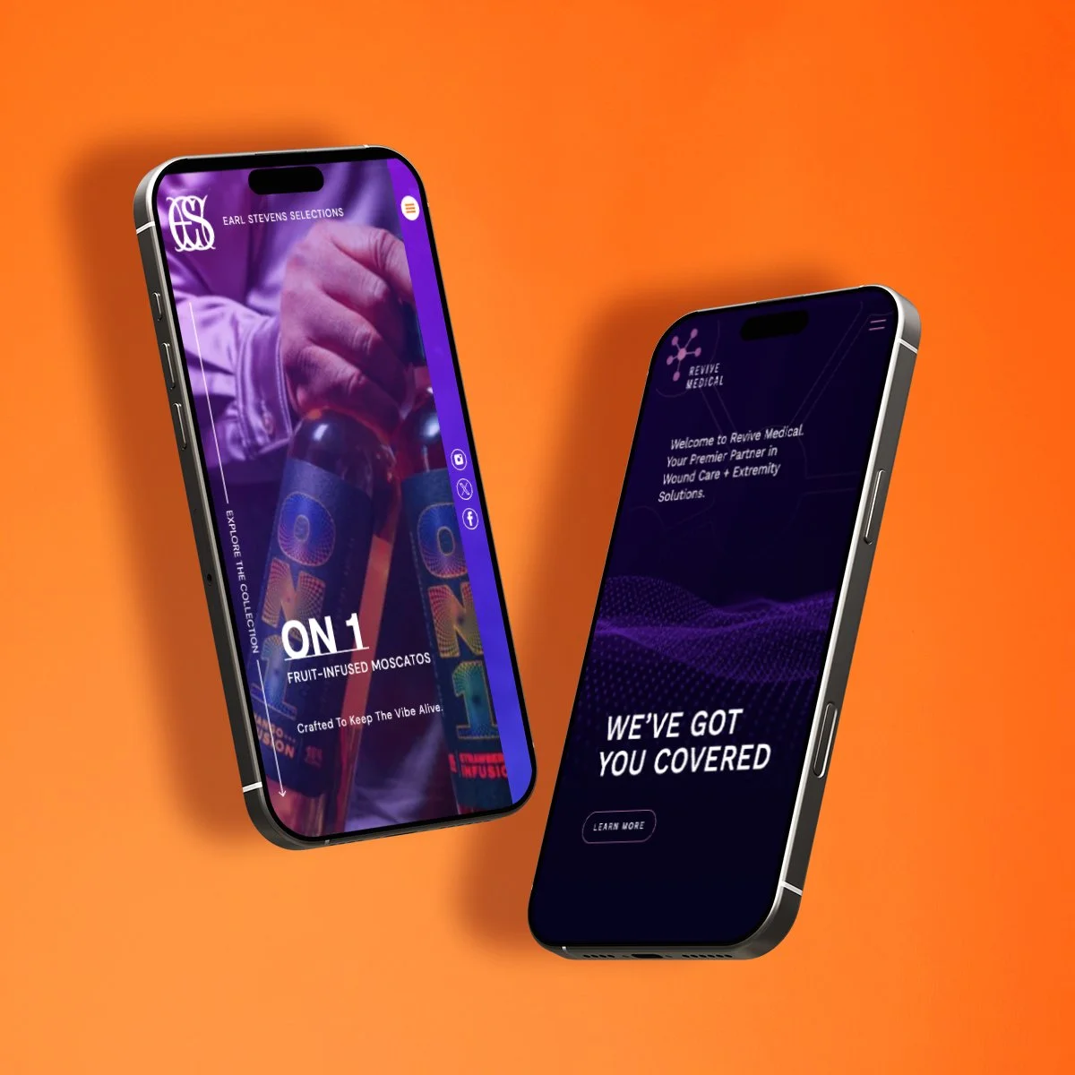 Two smartphones floating against an orange background, displaying different app screens related to a beverage brand and a medical care service.
