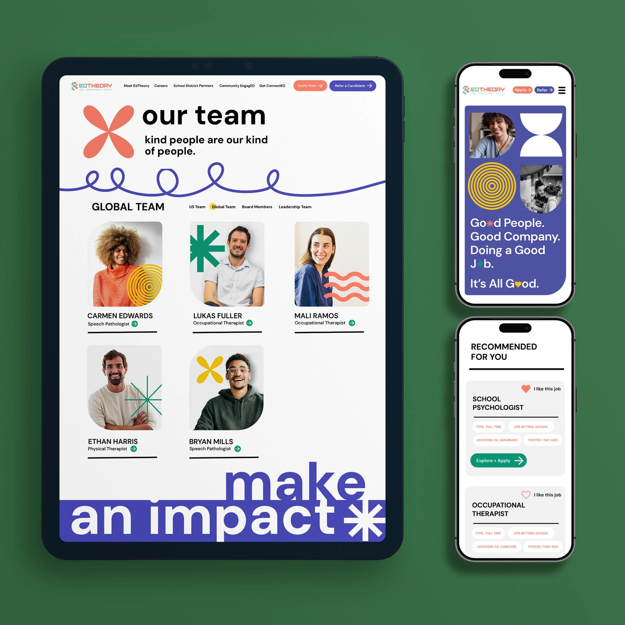 Screens showing a website for EdTheory on a tablet and smartphone, highlighting team members and job opportunities.