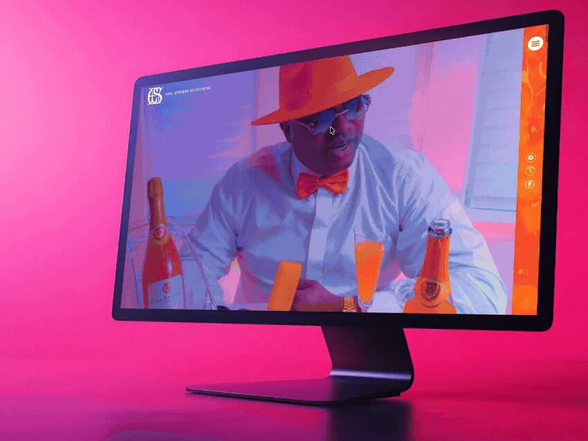 A person on a computer screen dressed in colorful attire, wearing a large orange straw hat, sunglasses, and a red bow tie, surrounded by bottles of sparkling wine in a vibrant setting with pink lighting.