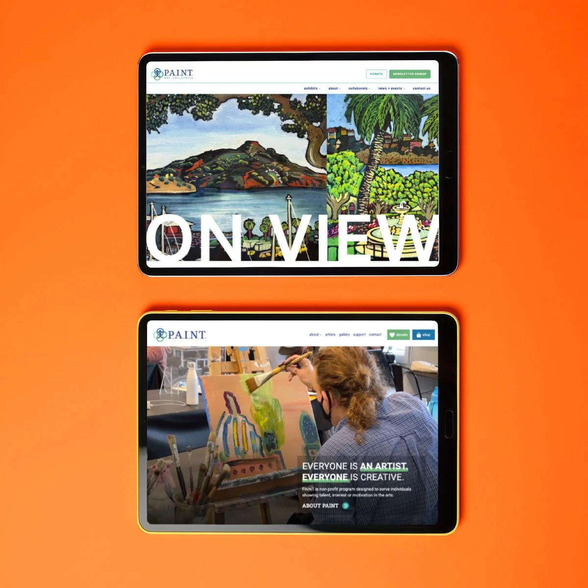 Two tablets on an orange background showing art-related websites, one labeled "ON VIEW" with landscape paintings and the other with an artist painting on a canvas, emphasizing creativity.