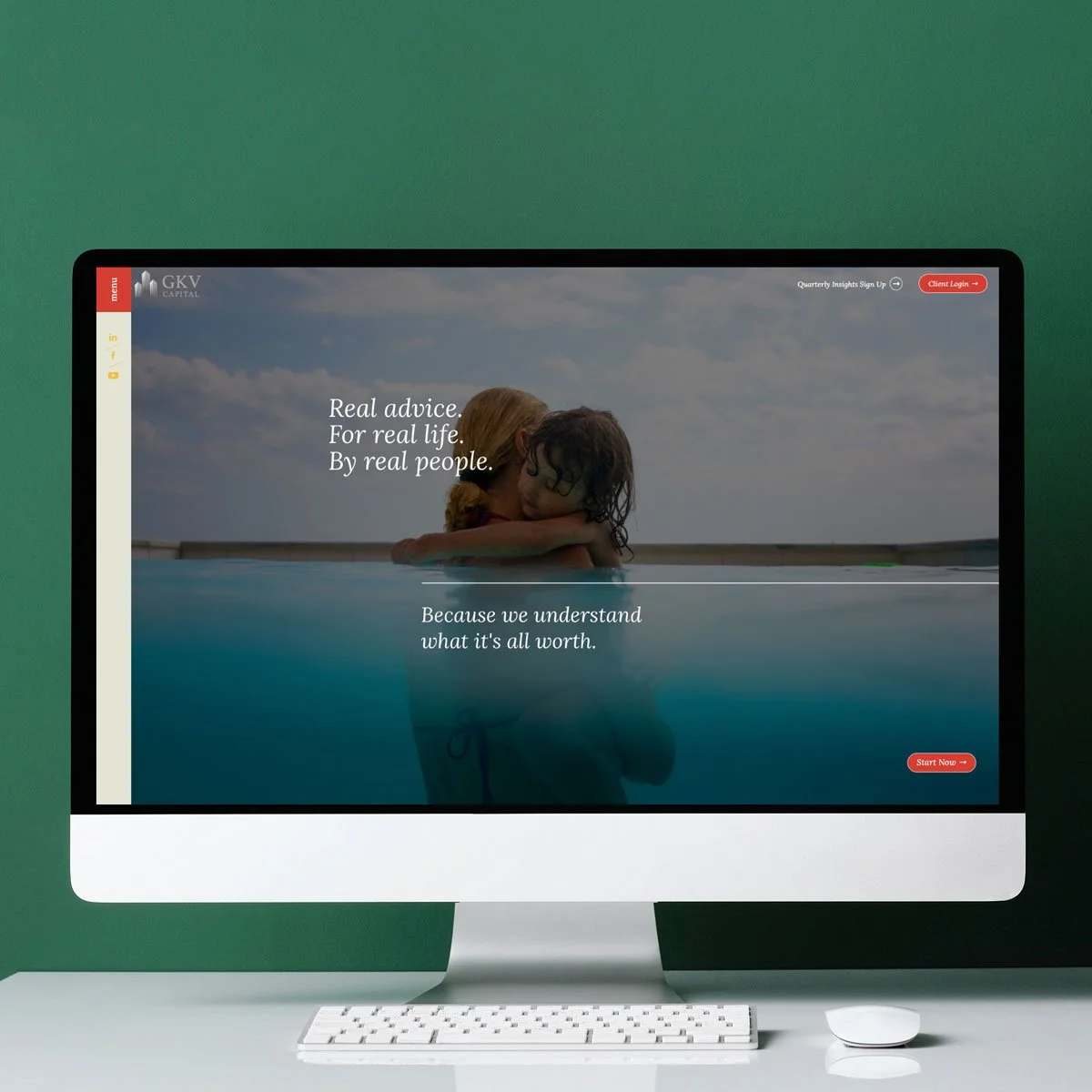 Computer screen displaying a website with a background image of two children hugging in a pool, with text overlay promoting real advice from real people.