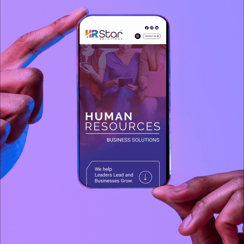A person holding a smartphone displaying a website for HR Star Solutions, focusing on human resources business solutions.