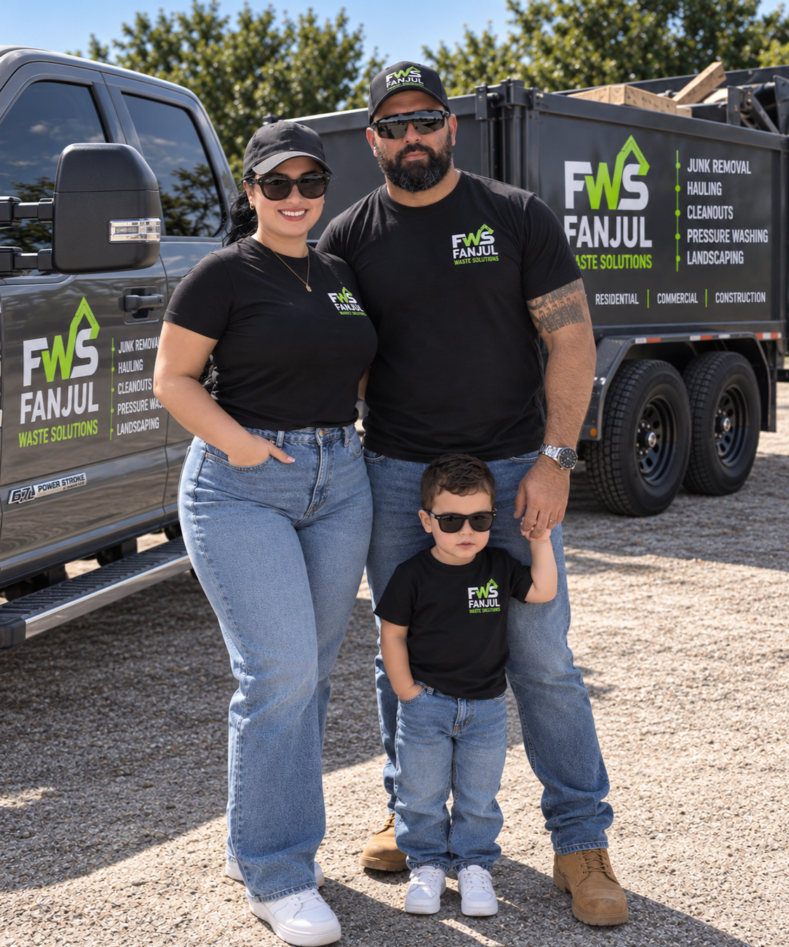 A family of three standing in front of a FWS Fanjul Waste Solutions truck, wearing matching black T-shirts with the company's logo, outdoors on a sunny day.