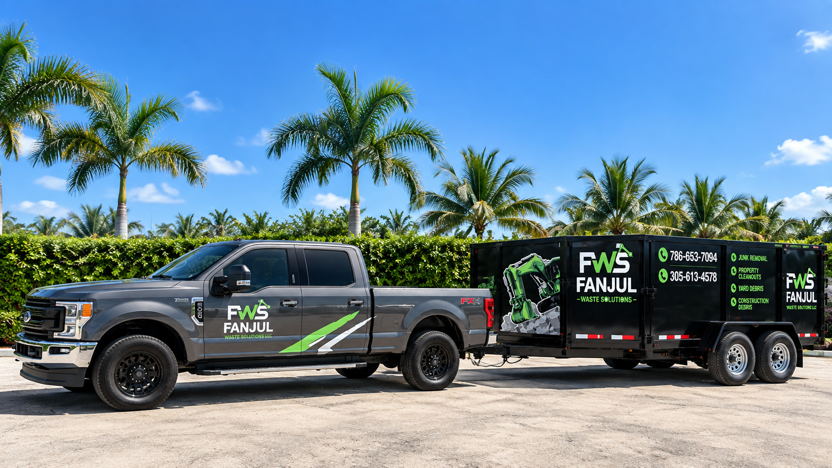 A gray pickup truck with FWS FANJUL Waste Solutions LLC branding is parked on a street next to a black waste disposal trailer attached to the truck. The truck and trailer are set against a backdrop of palm trees and green foliage under a blue sky with some clouds.