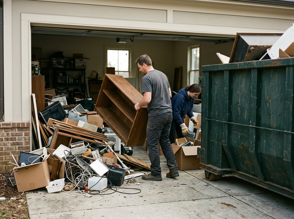 Two people are cleaning up and sorting trash and old items into a large green dumpster outside a residential garage. There are various discarded electronic devices, wires, and wooden furniture on the ground.
