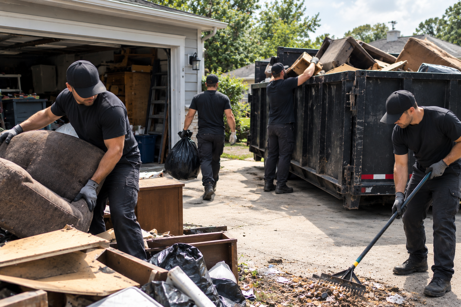 Four workers cleaning a driveway and disposing of household trash and furniture into a dumpster outside a garage.