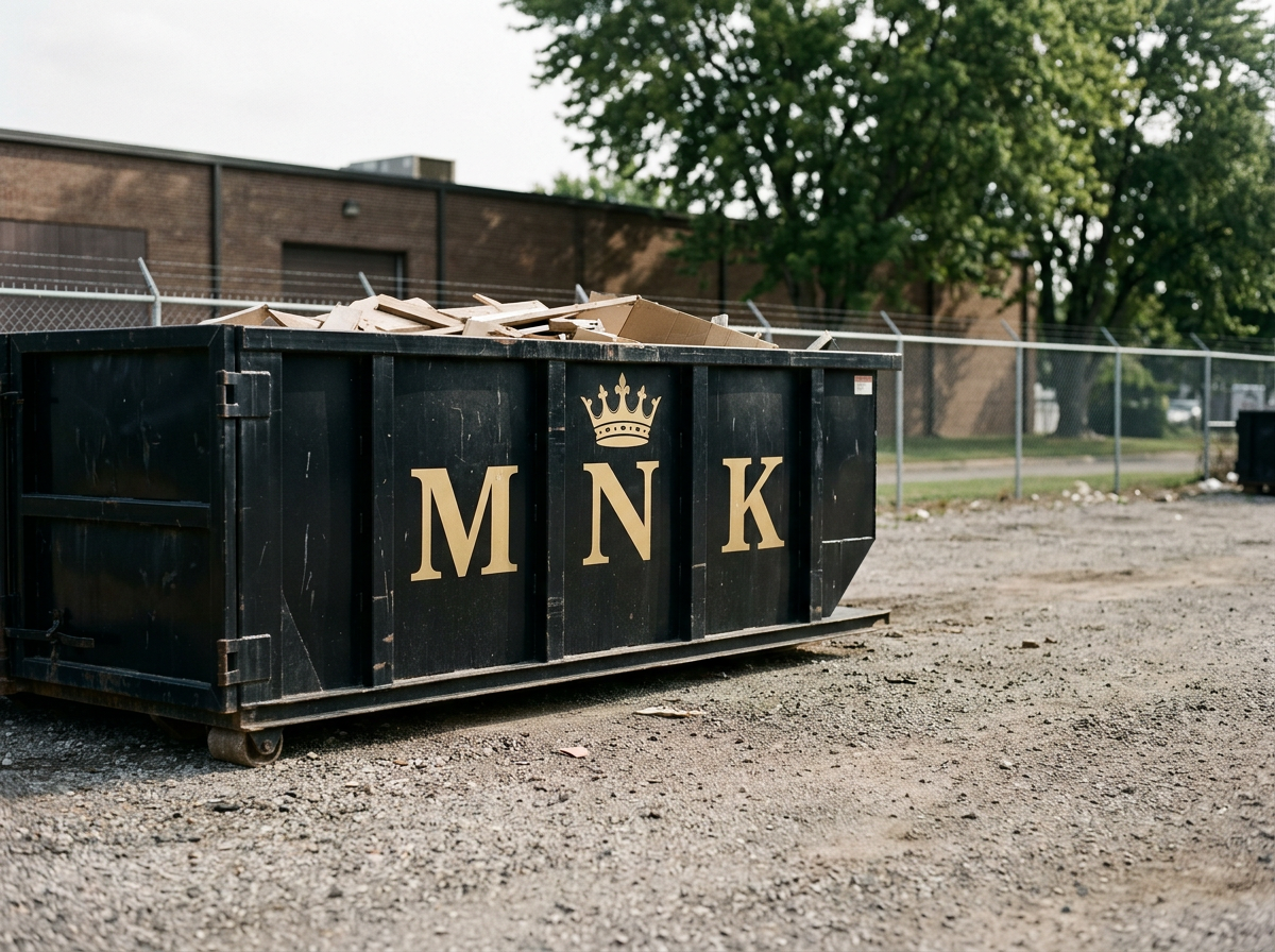 A large black dumpster filled with cardboard at an outdoor area with a chain-link fence and trees in the background.