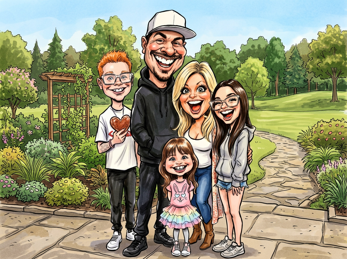 Cartoon family of six smiling and posing together outdoors in a garden with trees and flowers.
