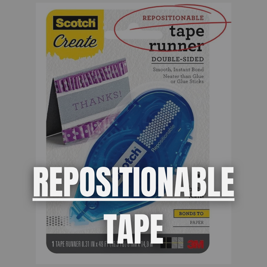 Package of Scotch Create Repositionable Tape Runner with double-sided tape and a visible example of a small purple and white gift card with 'THANKS!' written on it.