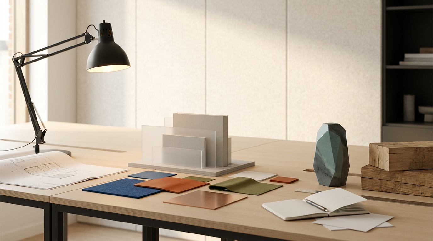 Interior design workspace with architectural models, fabric swatches, and a notebook on a wooden table in a modern office.