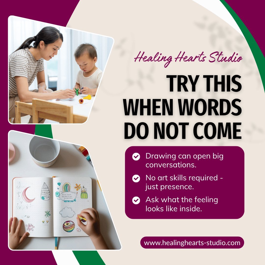 When your child cannot find the words, try this - sit together, pick up some paper and crayons, and ask them to draw what the feeling looks like inside their chest.

You do not need to analyze the drawing - simply being there and asking open questi