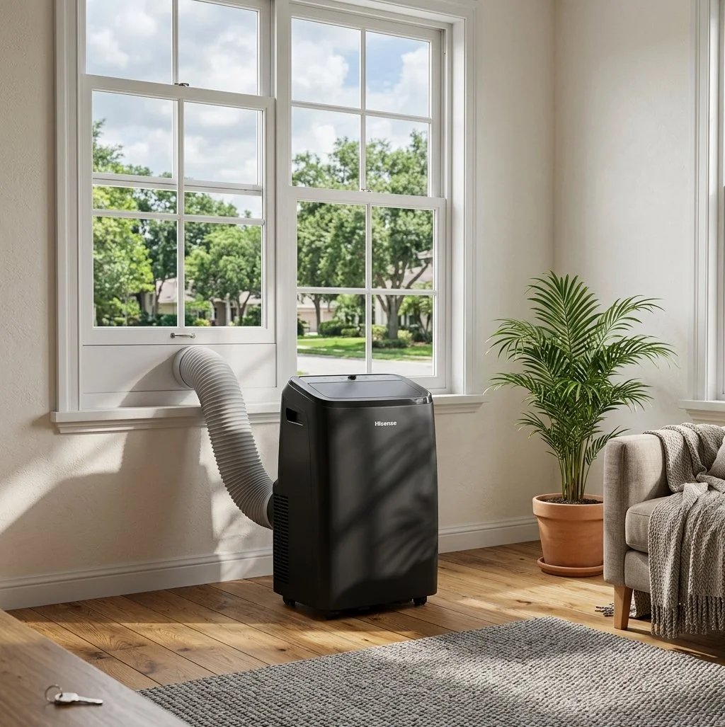 A portable air conditioner with a flexible vent attached, placed next to a large window in a cozy living room with hardwood floors, a potted plant, a gray sofa, and an area rug.