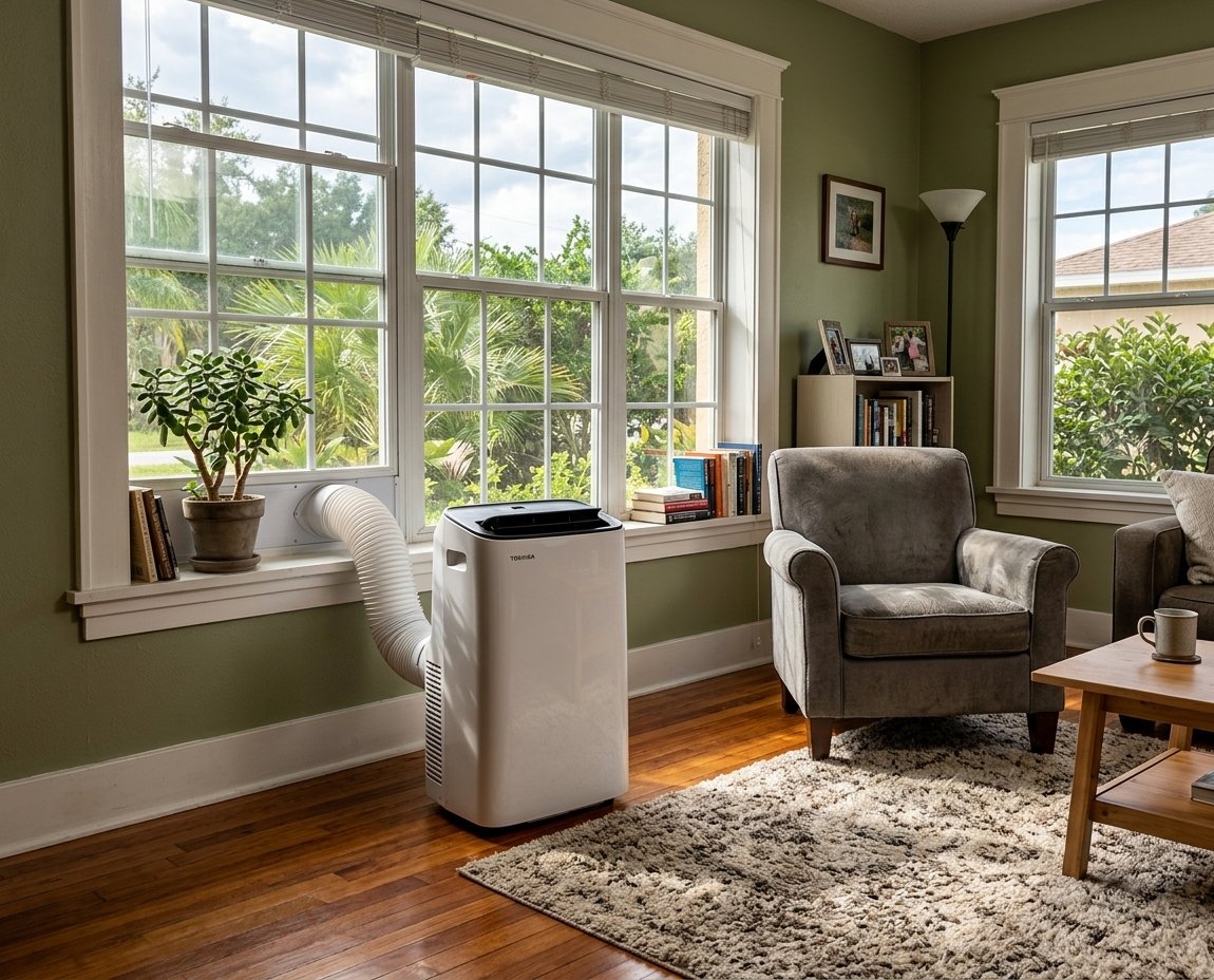 A living room with green walls, hardwood floors, and large windows showing green trees outside. There is a white portable air conditioner near the window with a flexible hose attached. The room has a gray armchair, a small wooden coffee table, a rug, a bookshelf with books and framed photos, and a floor lamp.