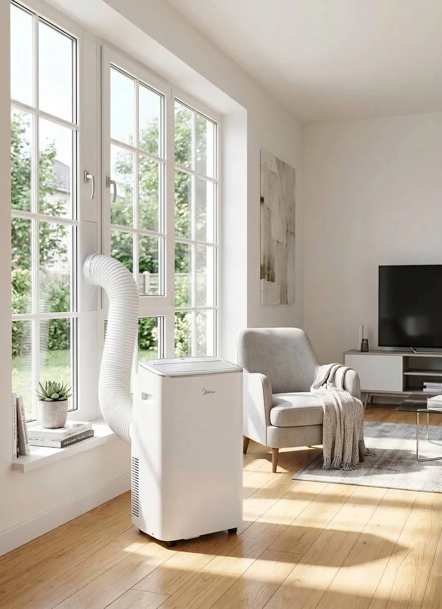 Living room with a portable air conditioner near a large window, a gray armchair with a blanket, a small side table, a television, and natural light.