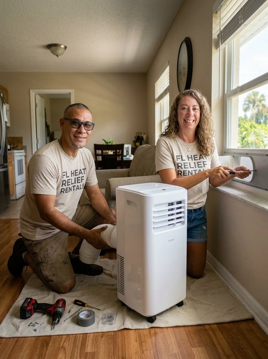 A man and woman working together to set up a portable air conditioner inside a home. They are kneeling on a blanket with tools around them, and both are wearing matching t-shirts that say 'FL Heat Relief Rentals'. The woman is opening a window to vent the air conditioner, as sunlight comes through the window.
