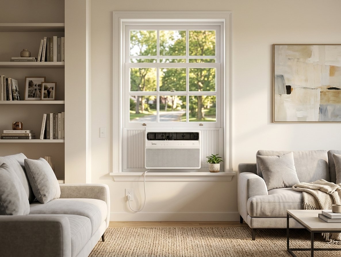 Living room with beige sofas, a large window with greenery outside, wall art, a bookshelf, and an air conditioning unit below the window
