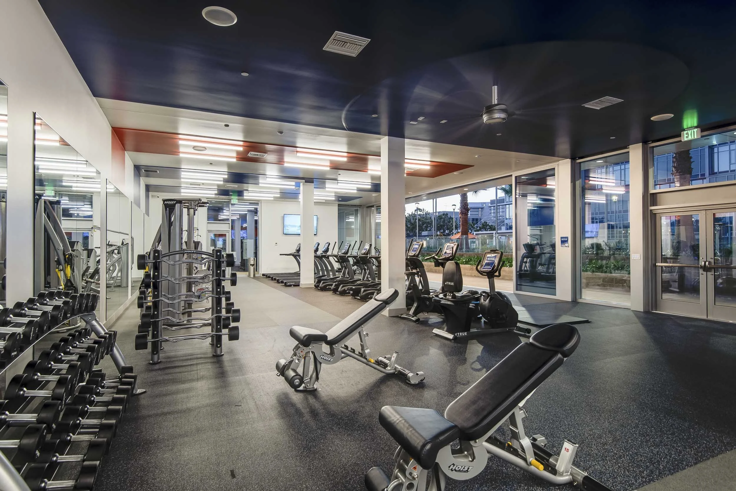 Modern gym with exercise equipment including dumbbells, cardio machines, and weight benches, with large windows and ceiling fans.