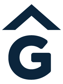 The image shows a stylized logo with a dark blue letter 'G' and an upward-pointing arrow or roof shape above it.